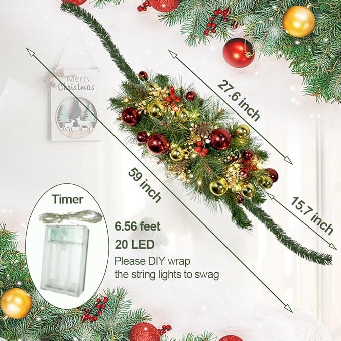 Prelit Christmas Mailbox Swag with Lights - Pine Teardrop Swag Christmas Decoration for Xmas Holiday Indoor/Outdoor Home Decor