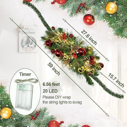Prelit Christmas Mailbox Swag with Lights - Pine Teardrop Swag Christmas Decoration for Xmas Holiday Indoor/Outdoor Home Decor