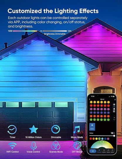Permanent Outdoor Lights 150ft,RGBW Eaves Light with 108 LED Lights,111+ Scenes Modes Outdoor Lighting, Waterproof Permanent Light for Daily Holiday Halloween Decorations, Works with Alexa,Black