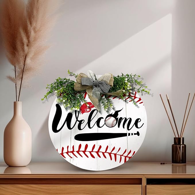 Baseball Door Sign Welcome to the Baseball Game Hanging Sign With Wreath And Bow Baseball Bat Ballfield Round Wooden Front Door Sign for All The Seasons Sport Farmhouse Decor 12x12 Inch