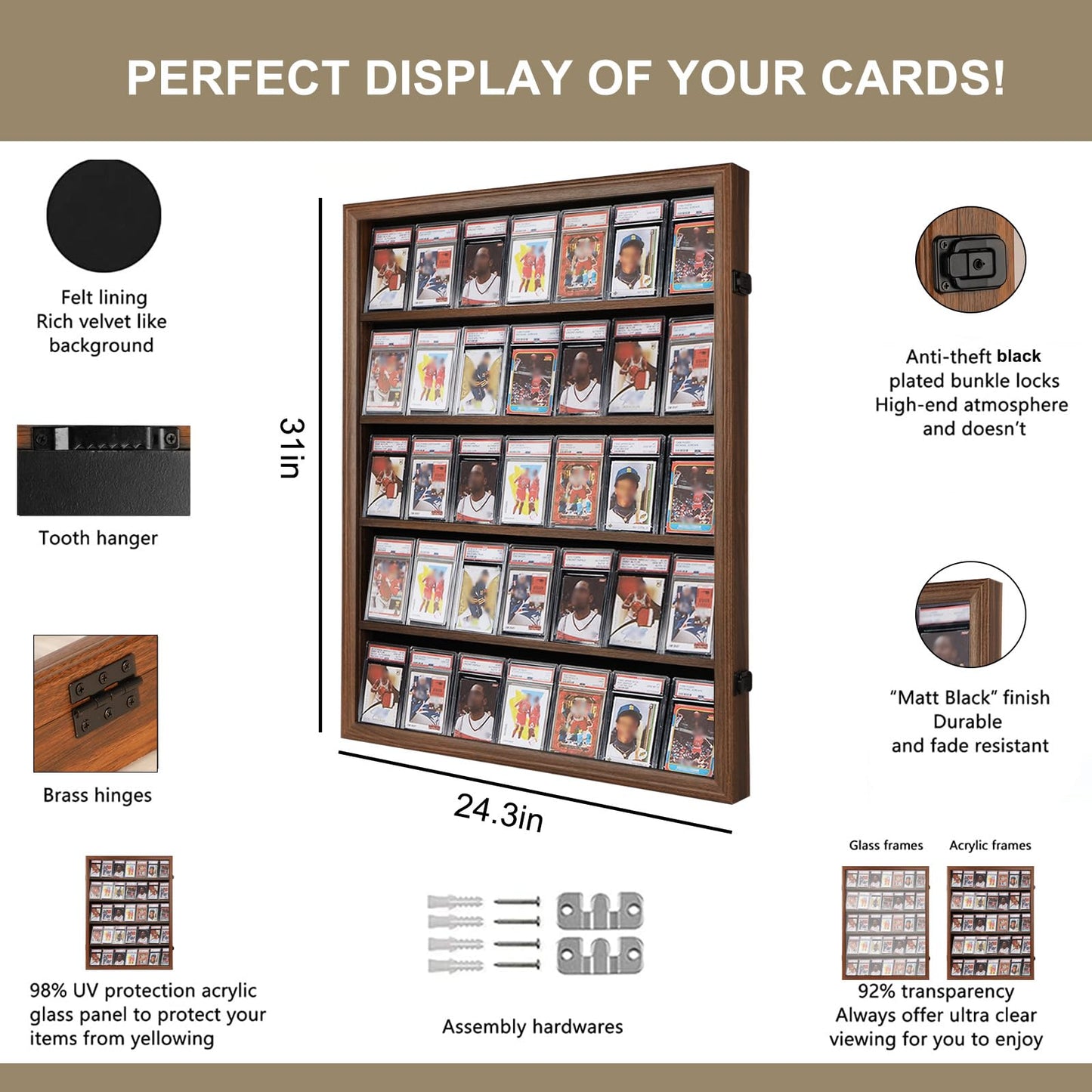 VERANI Baseball Display Case - 35 Graded Sports Card Frame - Holds Cards With UV Protection Clear View Lockable Wall Cabinet for Football Basketball Hockey Trading, Walnut