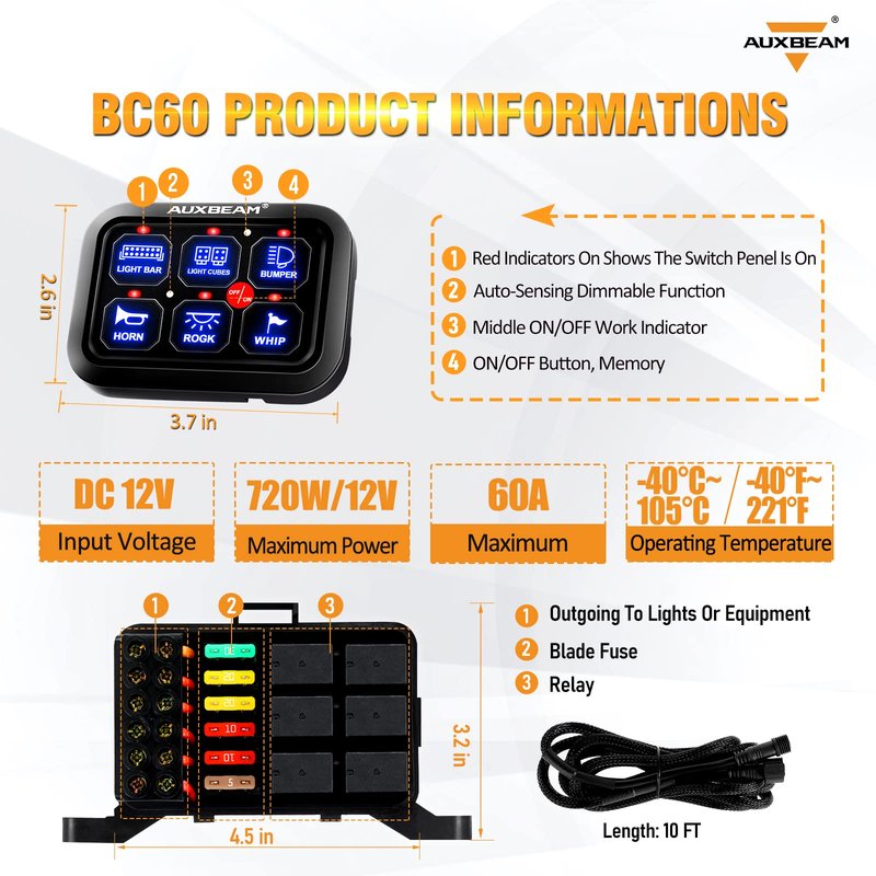 Auxbeam 6 Gang Switch Panel BC60, Universal Circuit Control Relay System Box with Automatic Dimmable On-Off LED Switch Pod Touch Switch Box for Car Pickup Truck UTV ATV Boat, 3 Years Warranty, Blue