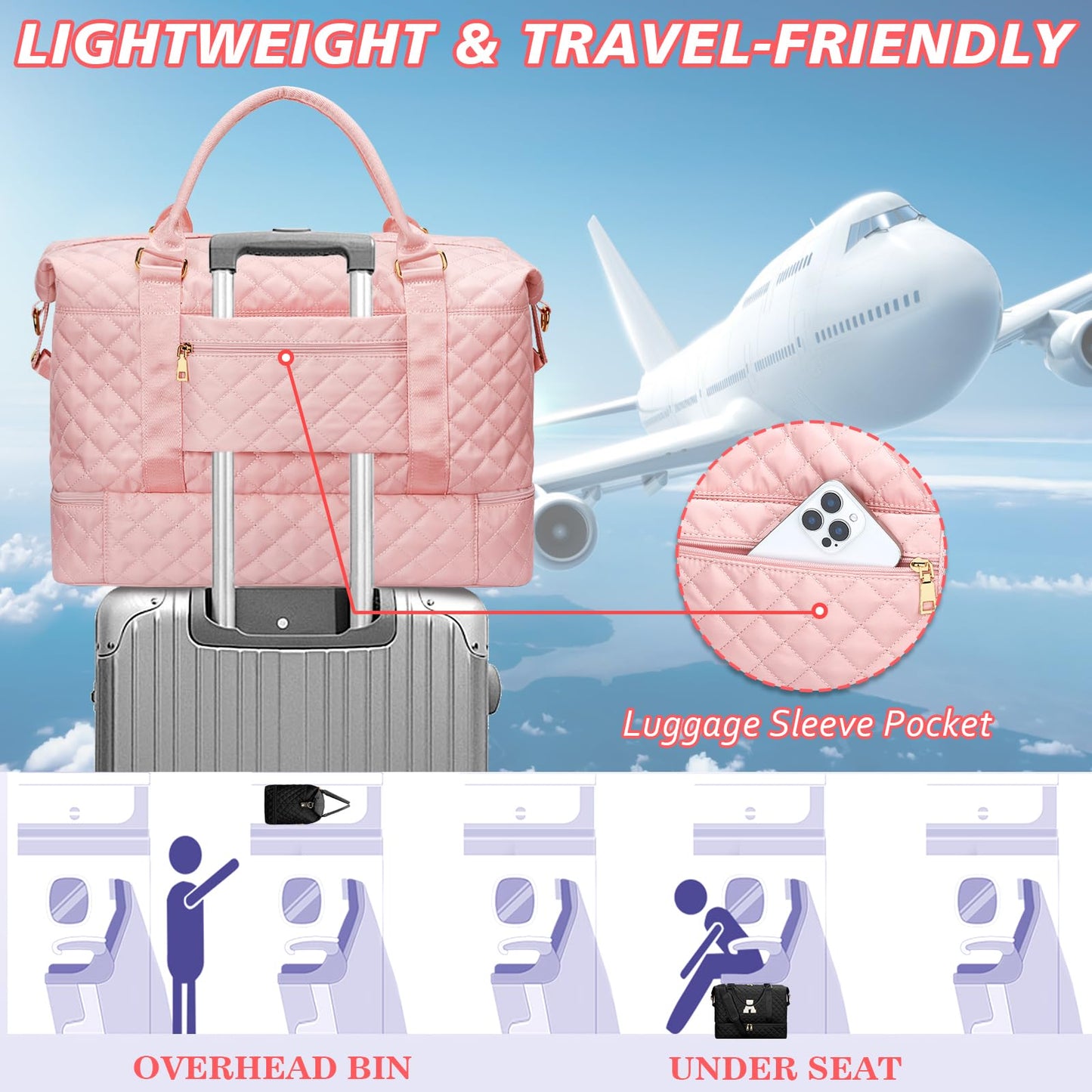 CLOUDWINGS Graduation Gift for Her Women Gift-Birthday Gifts Initial Travel Duffle Bag Quilted Weekender Carry-On Overnight with Cosmetic Bag, Gym Bag with Shoe Compartment Personalized Bag, Pink A