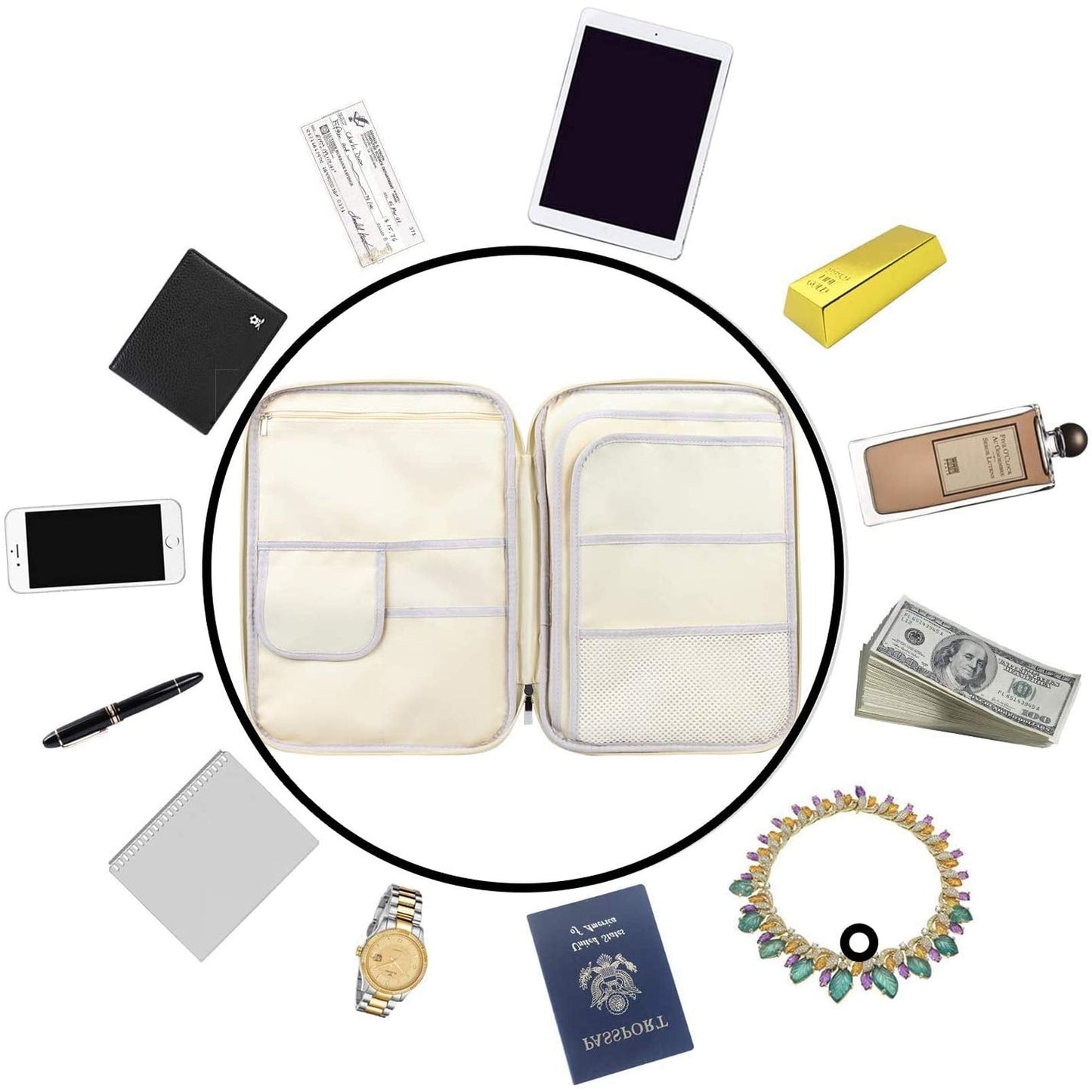 JAKAGO A4 Travel Portfolio Multifunctional Document Organizer Zippered Case for Office Supplies (Mulberry White)