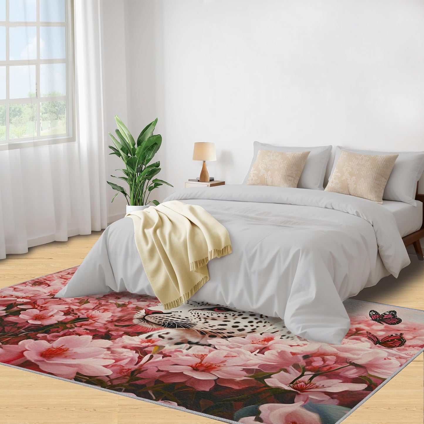 White Leopard Area Rug 3x5ft Floral Rug, Pink Flower Rugs for Living Room, Machine Washable Rugs, Indoor Non-Slip Carpet for Bedroom Dorm Classroom Decor