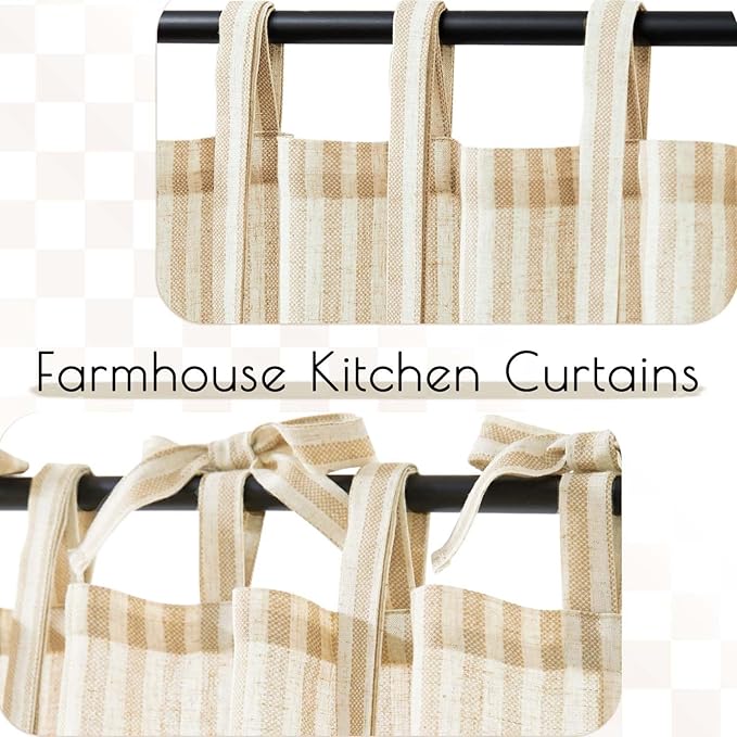 jinchan Tie Top Linen Kitchen Curtains 36 Inches Striped Tier Curtains Farmhouse Modern Cafe Style Small Window Treatments Airy Light Filtering Rod Pocket for Living Room Bathroom 2 Panels Beige