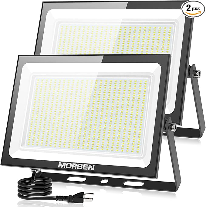 MORSEN 500W Flood Lights Outdoor, 60000lm Bright LED Work Light with Plug, 6500K Daylight White LED Flood Lighting, IP66 Waterproof Security Yard Lights for Yard Garage Stadium 2 Pack