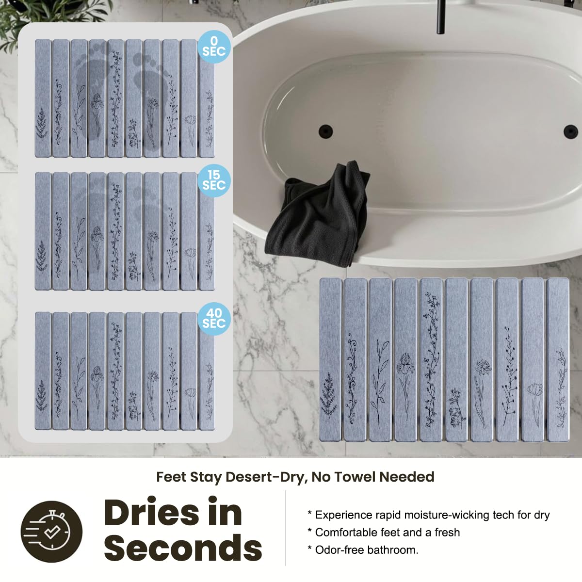 INFISIBLE Foldable Stone Bath Mat - 24x16, Super Absorbent Diatomaceous Earth Large Bath Mats for Bathroom, Quick Dry Non-Slip Stone Drying Mats for Kitchen Counter & Bathtub (Dark Gray Floral Decor)