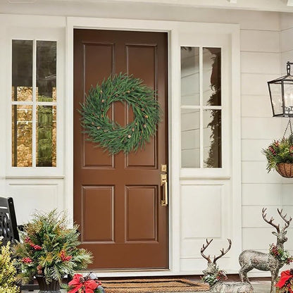 24 Inch Pine Wreath Christmas Wreaths for Front Door, Real Touch Pine Wreath with Red Berries Artificial Green Wreaths for Walls Windows Porches Farmhouse Indoor Outdoor Home Decor