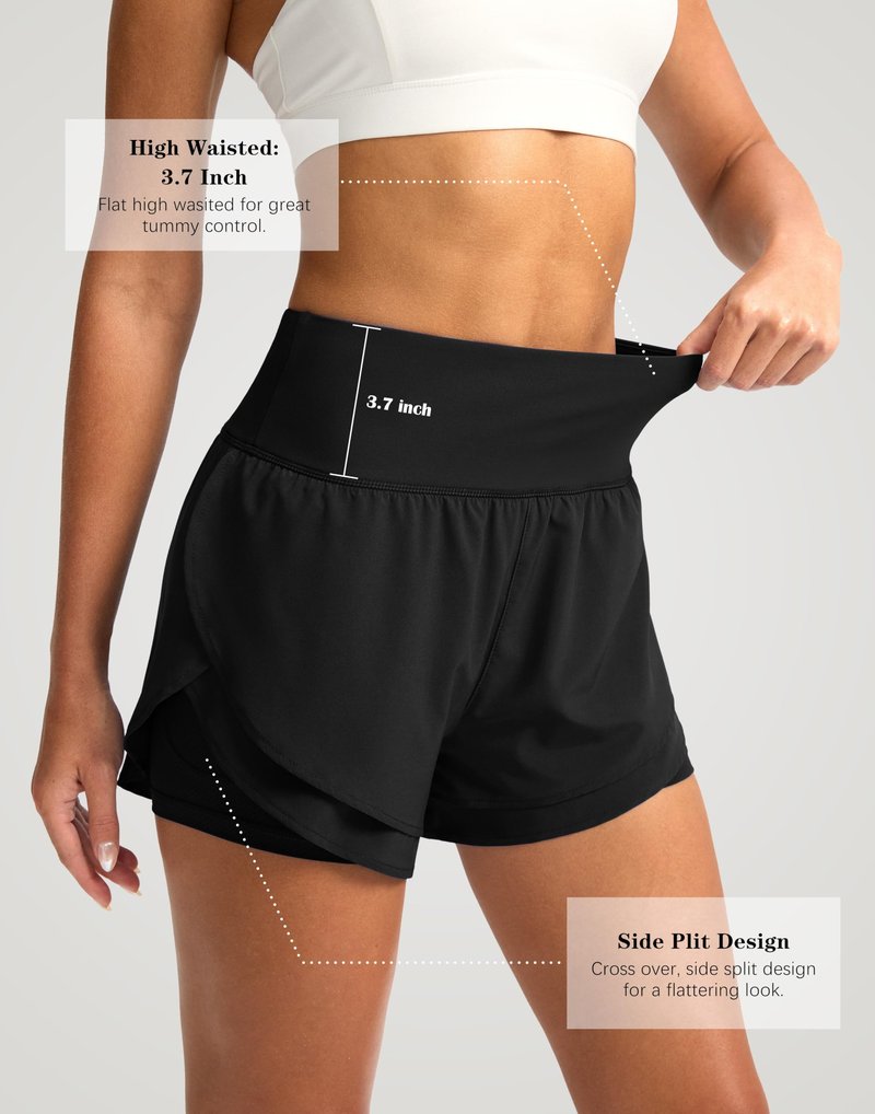 SANTINY Women's 2 in 1 Running Shorts with Pockets 3" High Waisted Exercise Workout Athletic Shorts for Women with Liner(Black_M)