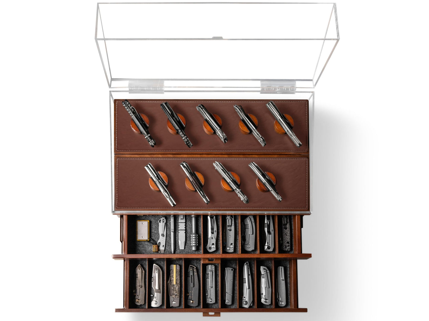 Premium Pocket Knife Display Case for 50 Knives - Extra Large Wooden Knife Organizer, Storage & Holder with Unique Pillars, 2 Drawers - Knife Collection Box - Handcrafted Father's Day Present for Men