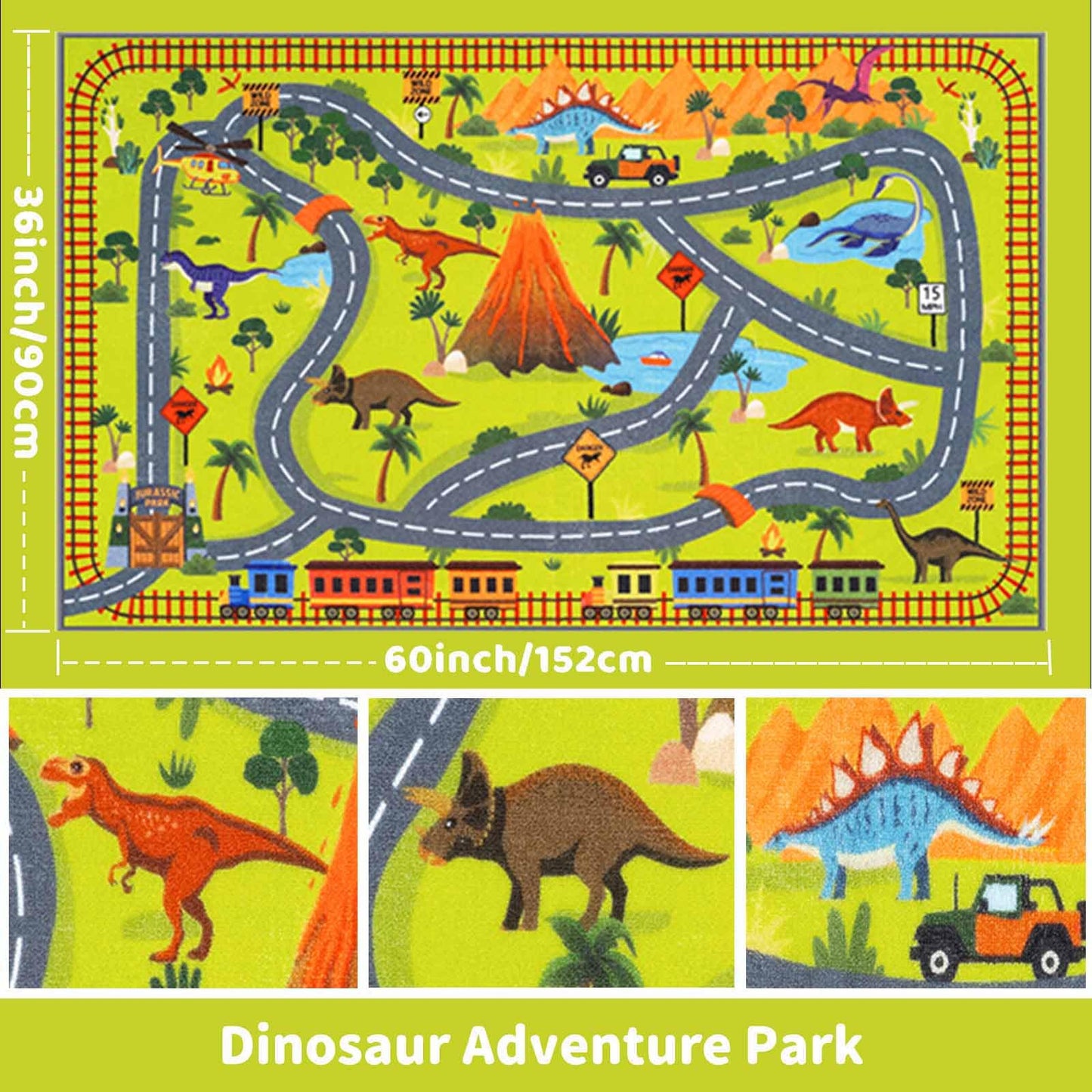 LIVEBOX Kids Dinosaur Car Rug 3x5, Play Rugs with Roads for Toy Cars, Washable Non Slip Advanture Dino Carpet for Boys Bedroom, Playroom