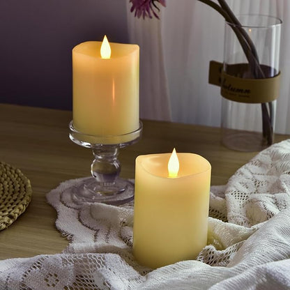 3"x4" Flickering Flameless Battery Candles with Timer, Ivory Realistic LED Pillar Candles, Set of 2 Large Remote-Operated Candles for Home Indoor/Outdoor & Holiday Decor