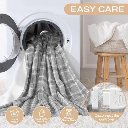 Heated Blanket Electric Throw, 50X60 Heating Throw with 8 Heating Levels & 8 Time Settings, Grey Plaid Washable Warm Soft Flannel Blanket Gift for Couch Bed Office, ETL Certified