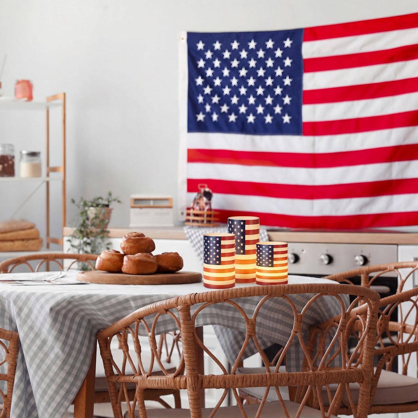 Baquler 3 Set 4th of July Flameless Candles Patriotic USA Flag Flameless Candles 250th Anniversary Lampshade with LED Tea Lights National Flag Candle Decoration for Independence Tabletop Home Decor