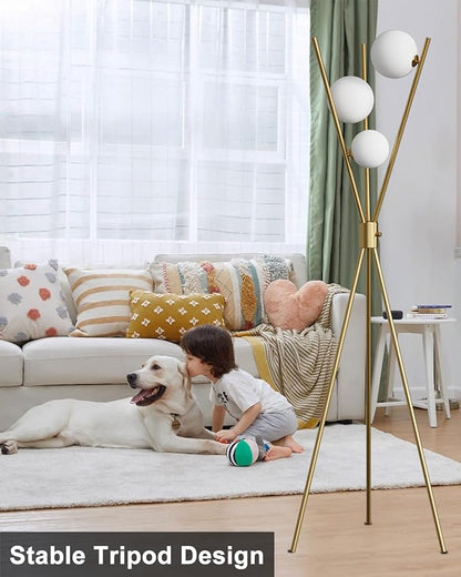 Lightdot Tripod Floor Lamp Stepless Dimmable Globe Modern Floor Lamp Gold Standing Lamps with 3PCS 3000K G9 Bulbs Stable Base Mid Century Modern Floor Lamps for Living Room