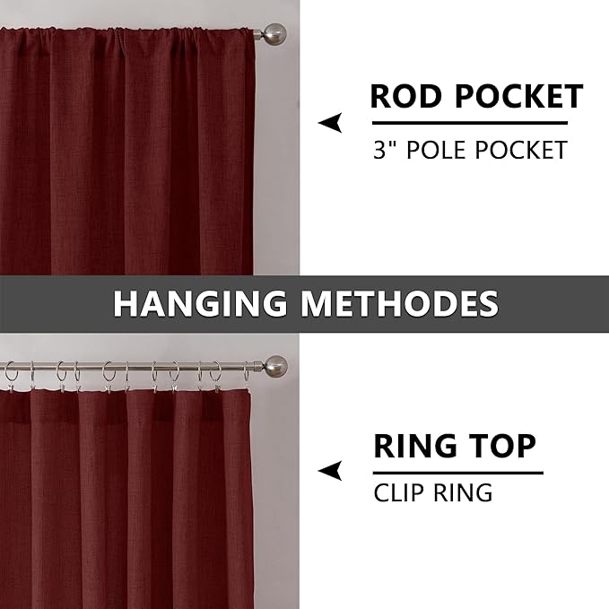 Tollpiz Short Linen Curtain Living Room Rod Pocket Semi Sheer Curtains Burlap Light Filtering Thick Linen Drape for Bedroom, 54 x 45 inches Long, Burgundy Red, Set of 2 Panels