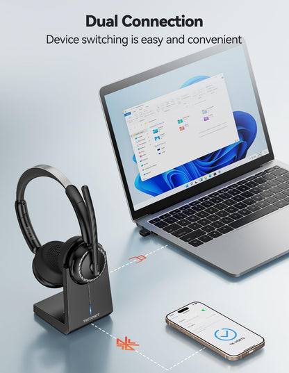 TECKNET Wireless Headset, 5.3 ENC Bluetooth Headset with Microphone, Computer Headset Rechargeable, USB Dongle, Charging Base, On-Ear Headphones for Trucker/Remote Work/Call Center