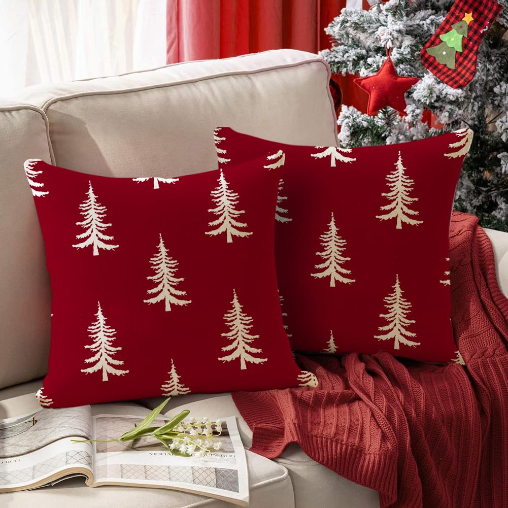 RABUSOFA Christmas Pillow Covers 18x18 inch Set of 2 Indoor Outdoor Waterproof Red Christmas Decor Tree Decorative Throw Cushion Cases Winter Xmas Holiday Decoration for Couch Patio