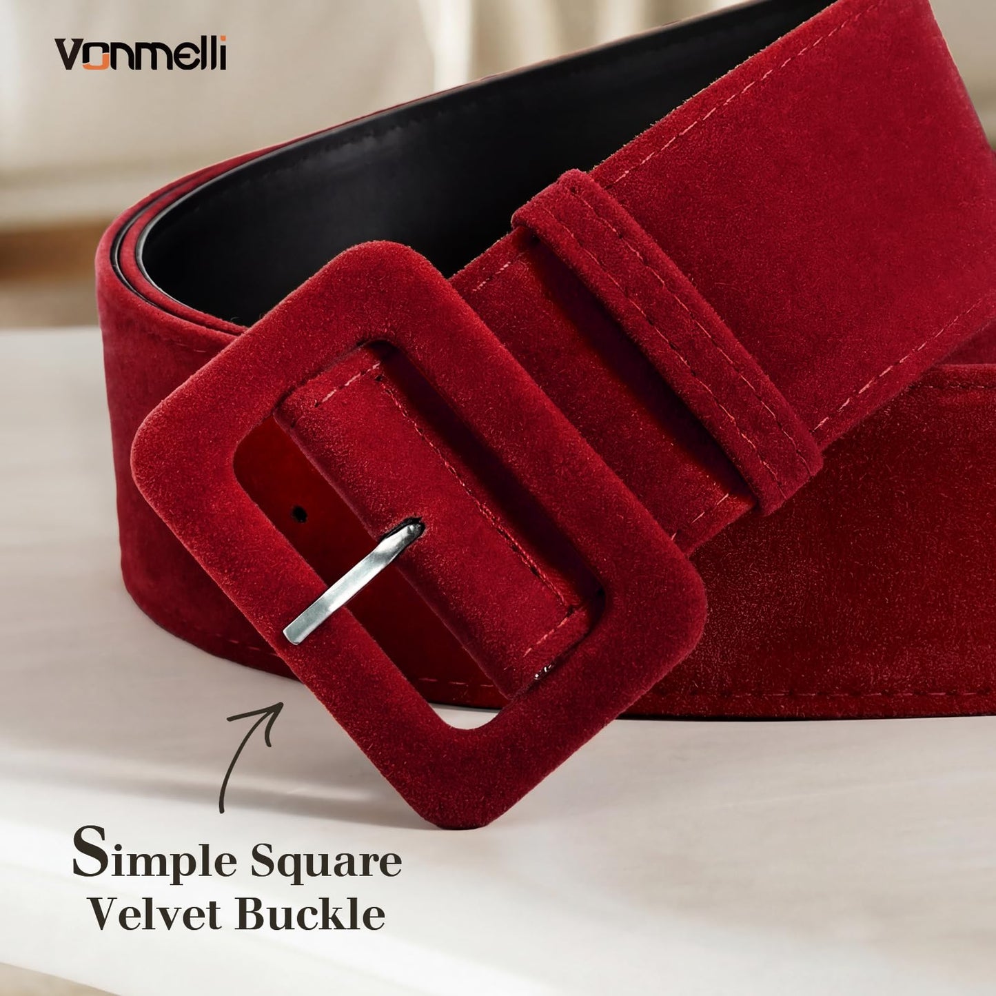 VONMELLI Women Wide Velvet Belt for Dresses Red Thick Chunky Waist Belt with Vintage Square Buckle, L