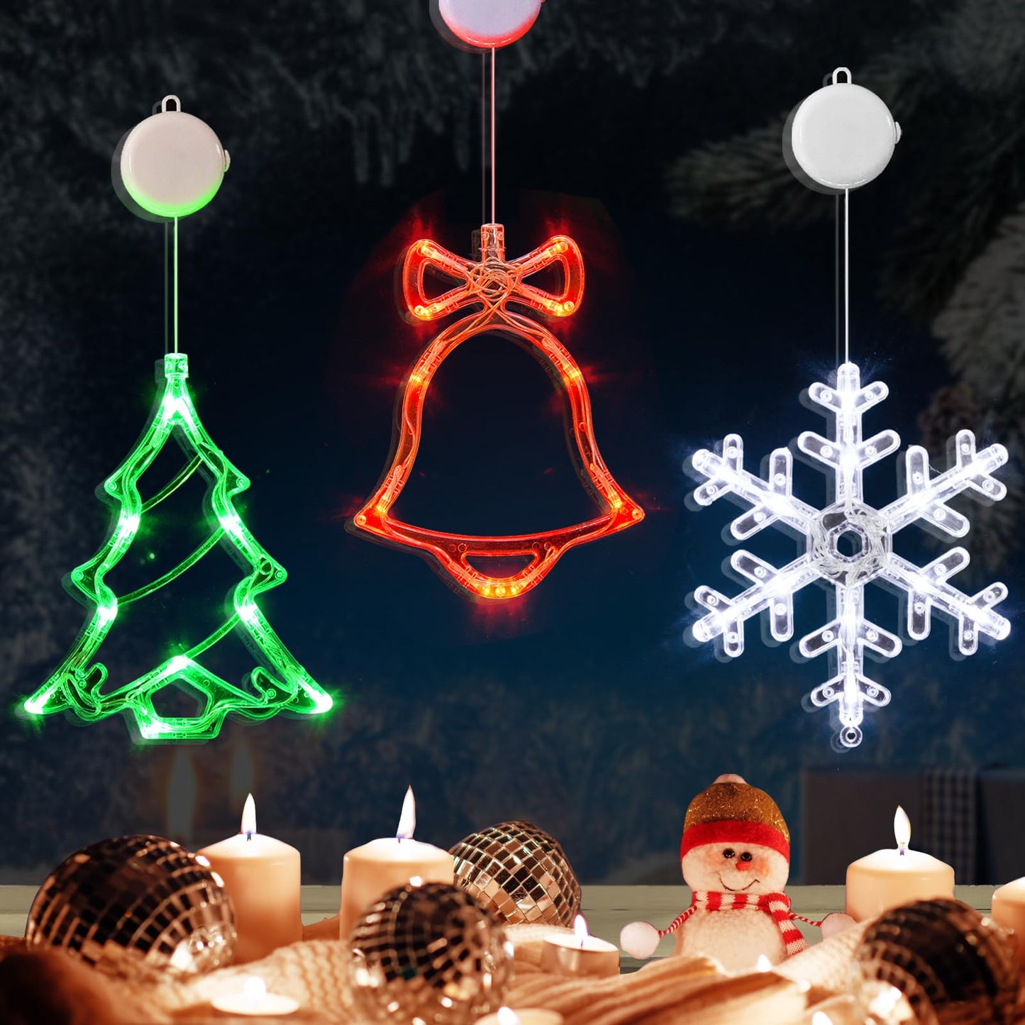 LOLStar Christmas Window Decorations,3 Pack Jingling Bell,Christmas Tree,Snowflake Christmas Window Lights with Suction Cup, Timer Function & Slow Fade Mode Battery Operated Indoor Lights