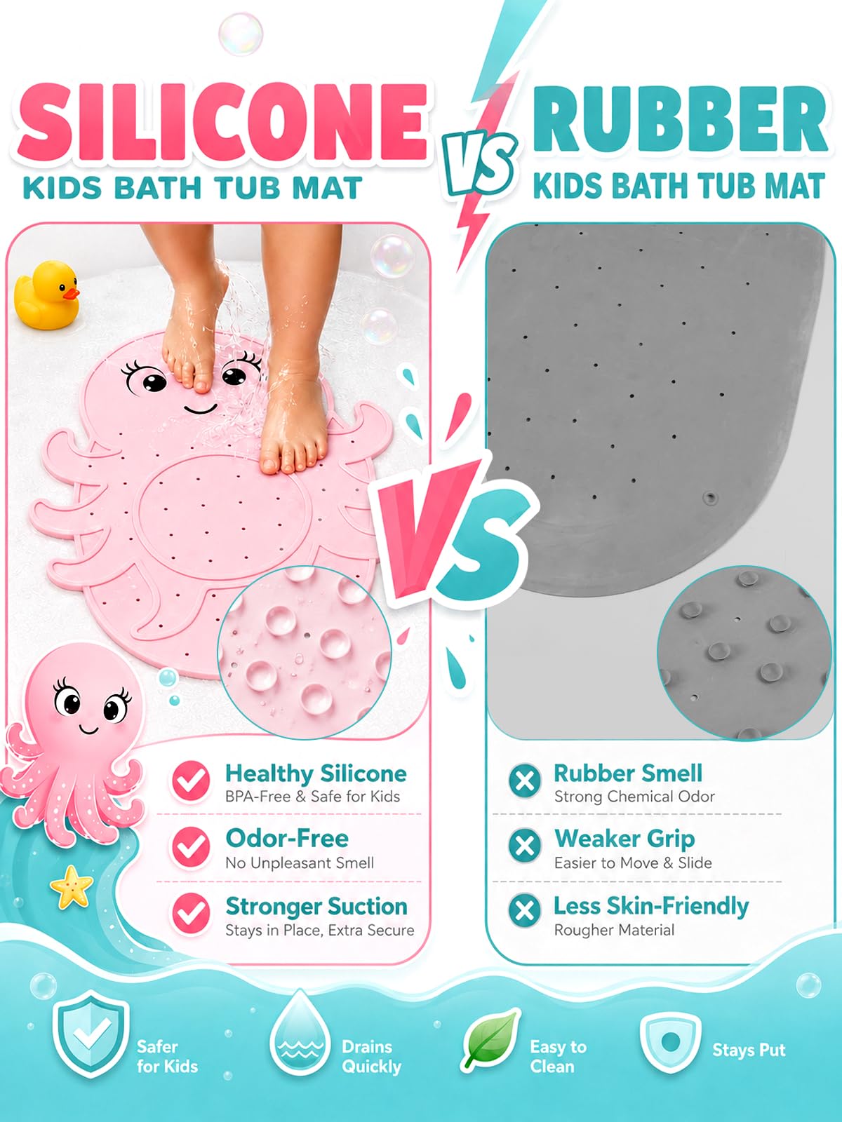 Zuplo Kids Bathtub Mat Non Slip, Soft Silicone Octopus Baby Bath Mat for Tub, Toddler Bath Mat with Large Suction Cups, Washable Anti Slip Shower Mat for Children, Smooth Tub Surface Only