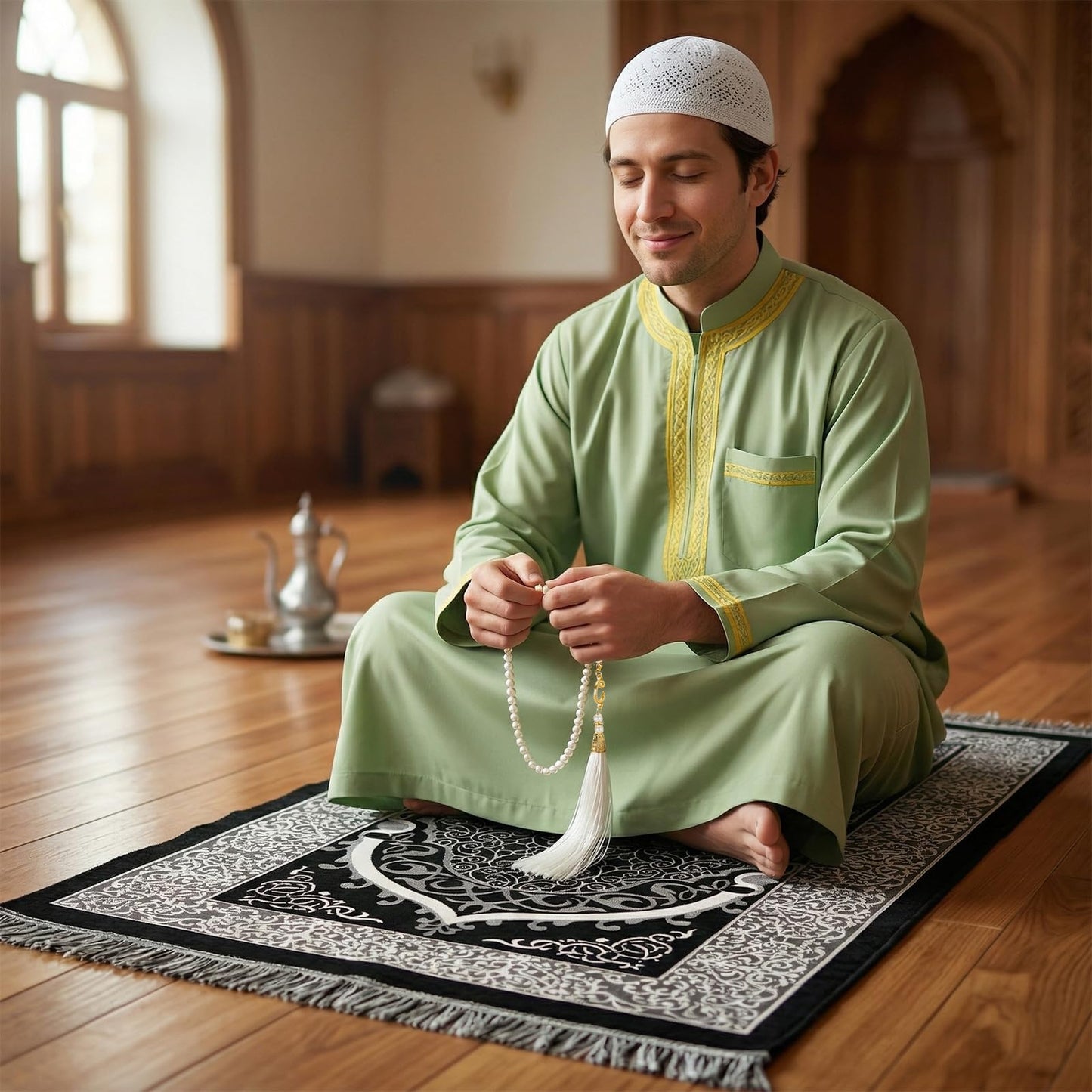 Bafeil Muslim Prayer Mat Set with Kufi Hat & Tasbih 99 Beads, Portable Islamic Prayer Rug Travel Foldable Sajjadah, Breathable Taqiyah Cap, Ramadan Eid Islamic Gifts for Men Women