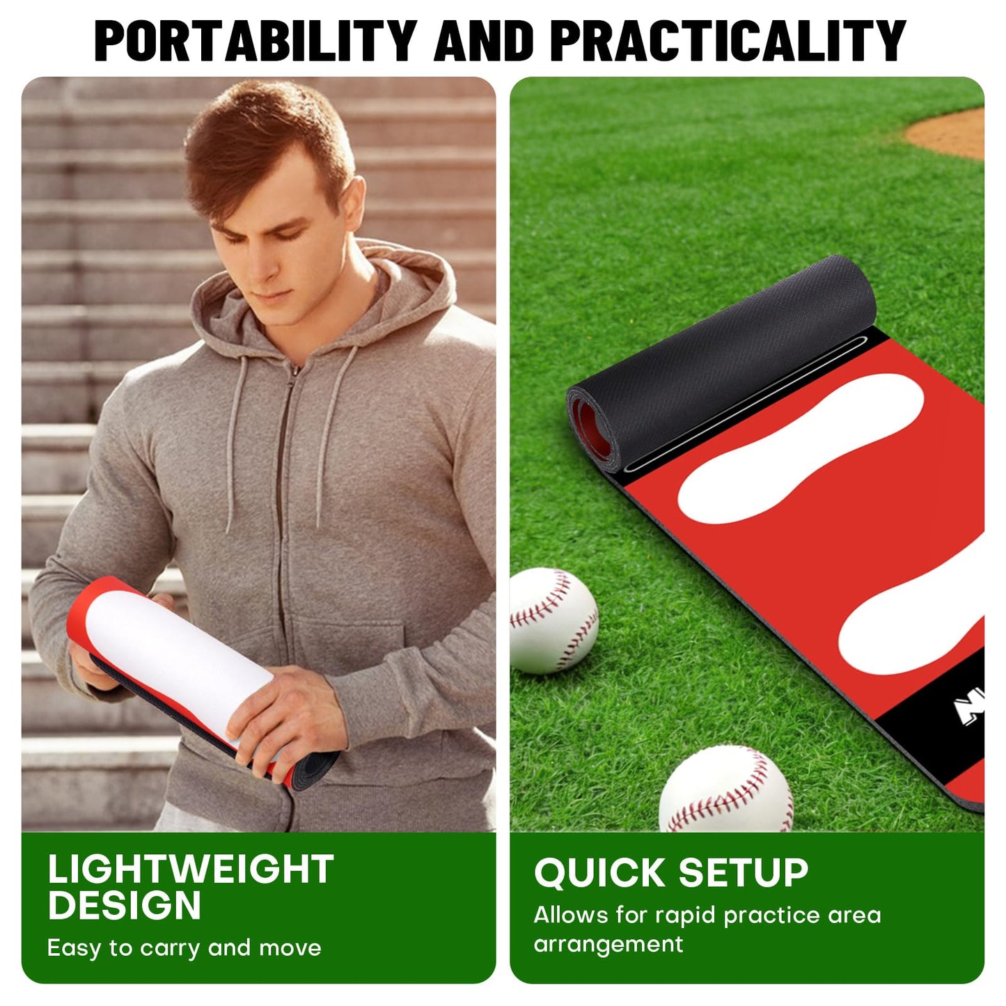 Nezylaf Softball Pitching Mat for Young Baseball Beginner - Non-Slip Portable Softball Training Mat for Hitting Practice - 54'' x 12'' Durable Batting Mat for Indoor/Outdoor Use (Lightweight)