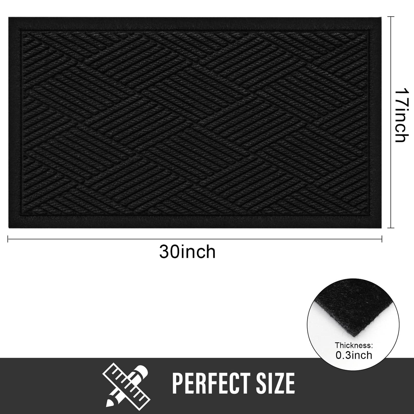 HIYARD Durable Front Door Mat, Absorbent Muddy Dirt Resist Welcome Door Mats Outdoor Indoor, Stain and Fade Resistant, Non-Slip Rubber Backing Low Profile Doormat for Entryway, 30×17, Black