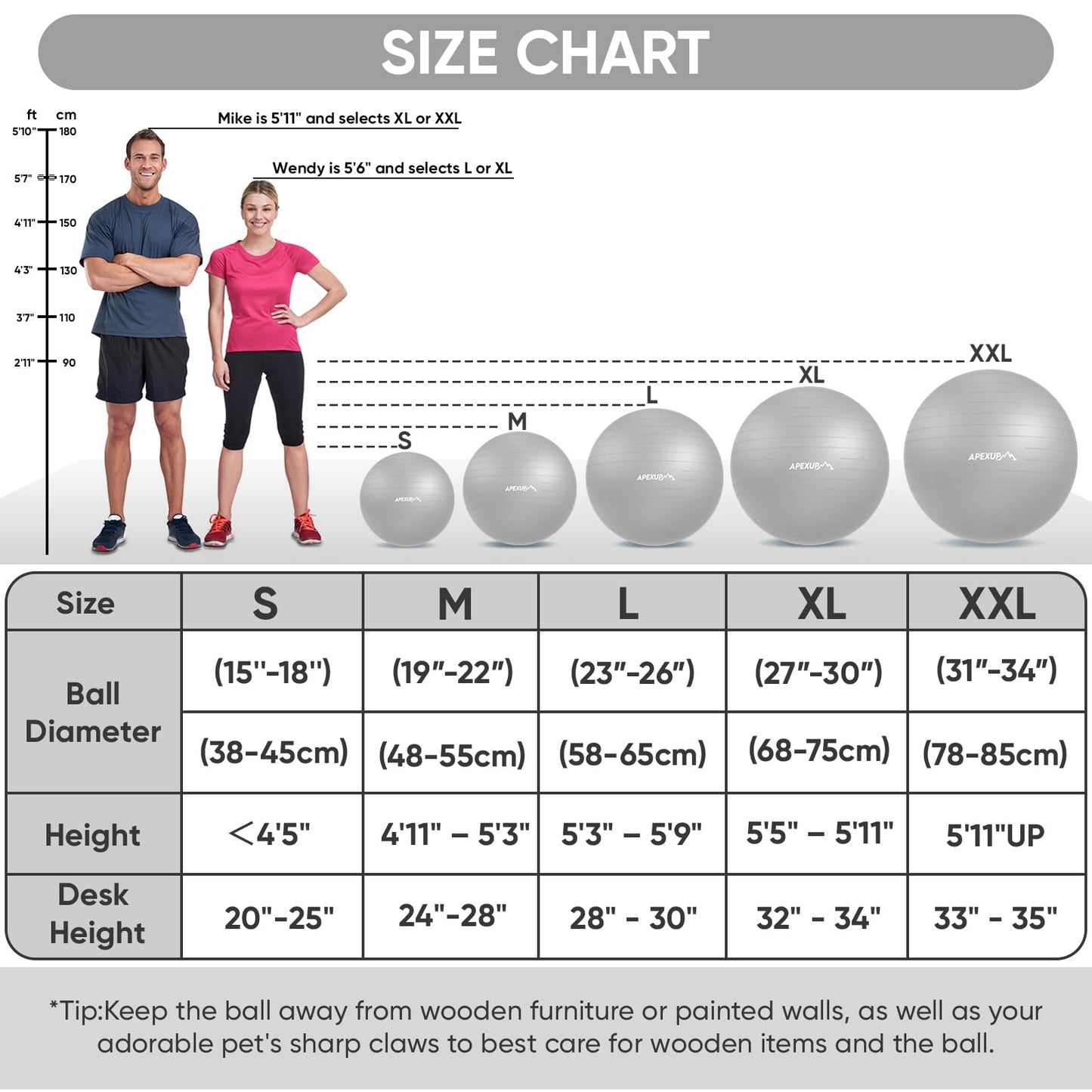 APEXUP Yoga Ball, 660 lbs Anti-Burst Exercise Ball with Pump, 5 Sizes (XL (27"~30") 75cm, Silver)