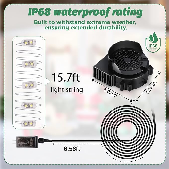 4-Pack Inflatable Fan Replacement, 1.5A Air Fan Blower with 2.0A Adapter and 5 LEDs Bulbs Light Strings for Halloween, Thanksgiving and Christmas Inflatables (IP68 Waterproof, 5.0 * 5.0'')