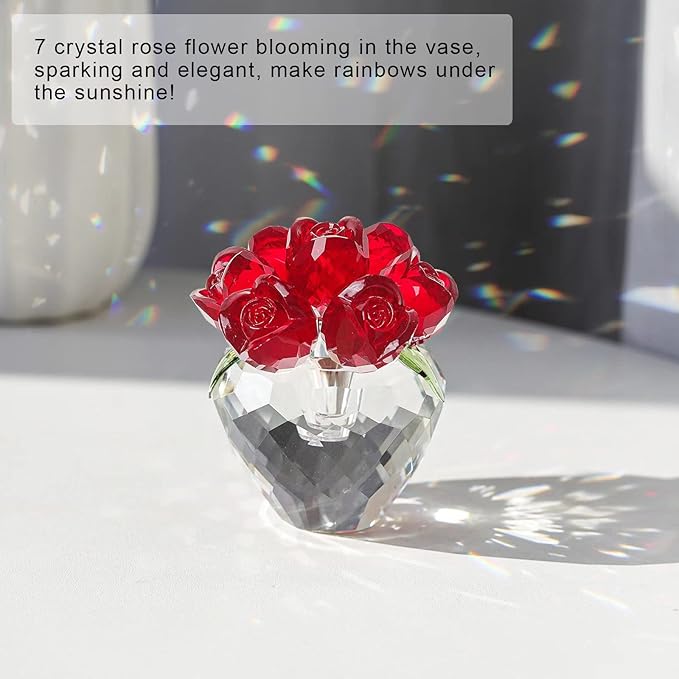LONGWIN Crystal Rose Flower Figurines Collectible Glass Spring Bouquet with Vase Home Decor Romantic Gifts for Women Red