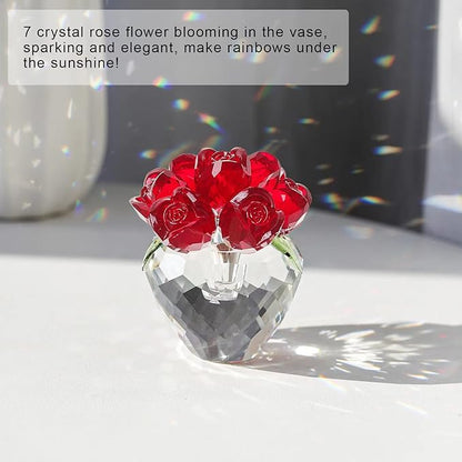 LONGWIN Crystal Rose Flower Figurines Collectible Glass Spring Bouquet with Vase Home Decor Romantic Gifts for Women Red