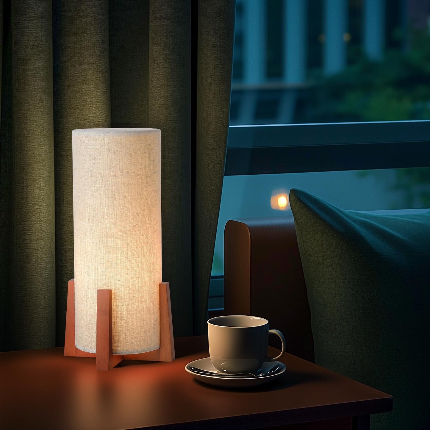 Fengarolam Modern Small Table Lamps, Nightstand Lamp with Linen Fabric Shade, 13.97" Cylinder Wood Base Bedside Table Lamp for Bedroom Office Living Room Home Decor