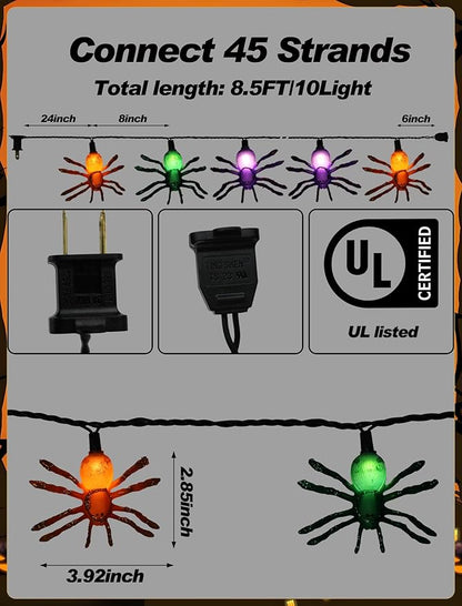 8.5Ft Halloween Spider String Lights Outdoor, Spider Hanging Light with 10 LED Spiders, Halloween Theme Fairy Lights for House Decoration Yard Patio Window Porch Indoor Party Decor