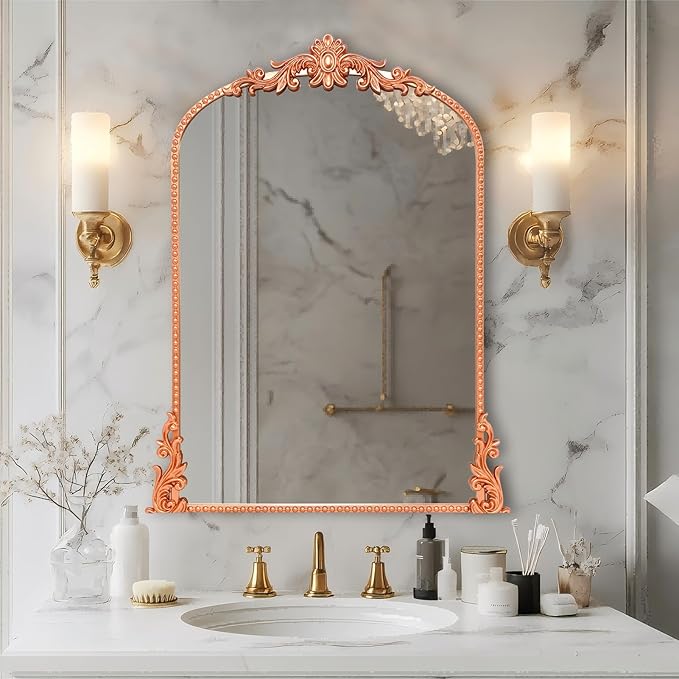 Growsun Arched Mirror, 24’’x36’’ Antique Baroque Traditional Ornate Wall Mirror Decor with Full Metal Frame for Fireplace/Entryway/Living Room/Bathroom