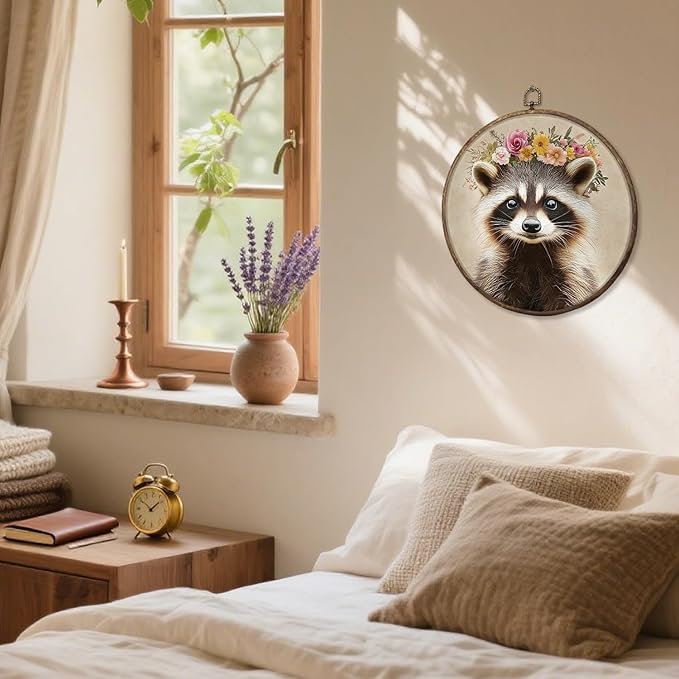 HUGANE Funny Floral Wreath Raccoon Round Wall Art Decor, Rustic Flower Racoon Trash Panda Hanging Canvas Framed Prints Wall Sculptures for Nursery Kids Room Home Bedroom Decor, 10x10 Inch
