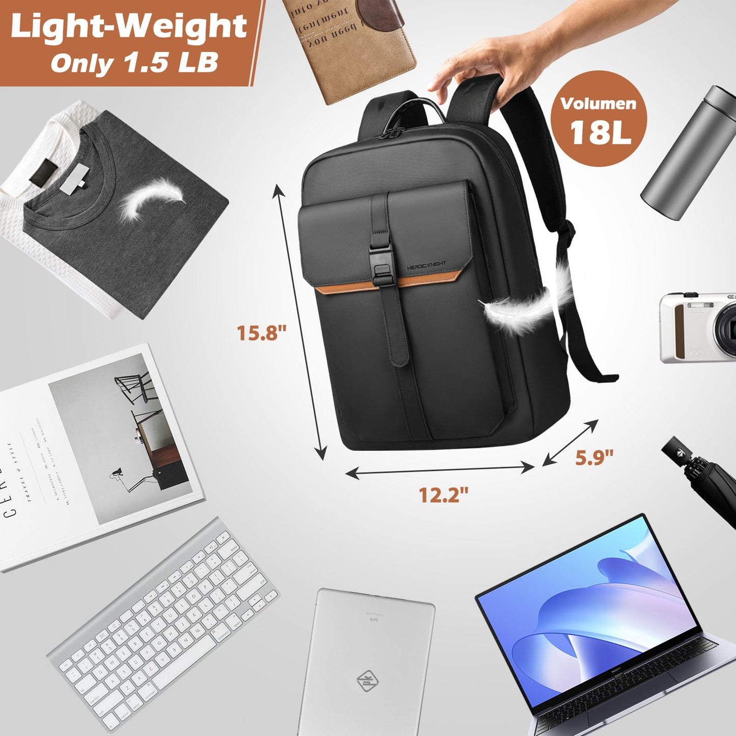 hk Slim Laptop Backpack for Men Women, Lightweight Business Backpacks 15.6 Inch Water-resistant Computer Bag for College Work Daily