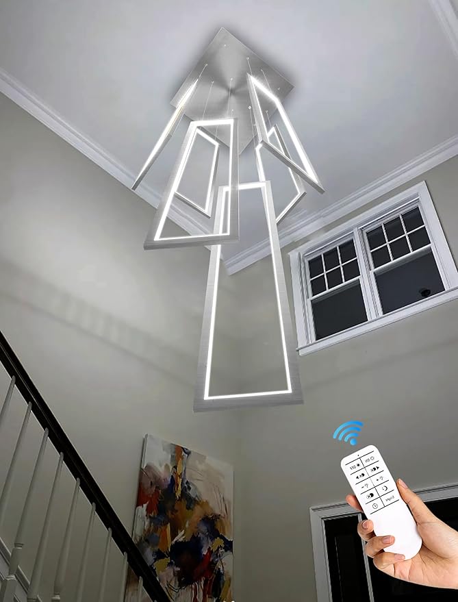 Flashing God Modern Chandelier,Silver Chandelier with 6 Ring Led Foyer Chandeliers,Larger High Ceiling Chandelier for Living Room,Square Chandelier for Entryway Staircase LED Dimming 2700k-6001k