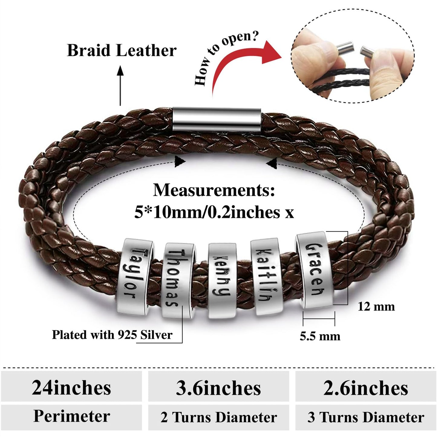 ShineSand Personalized Mens Leather Bracelet with Custom Beads, Customized Braid Leather Bracelet Engraved with Names for Men