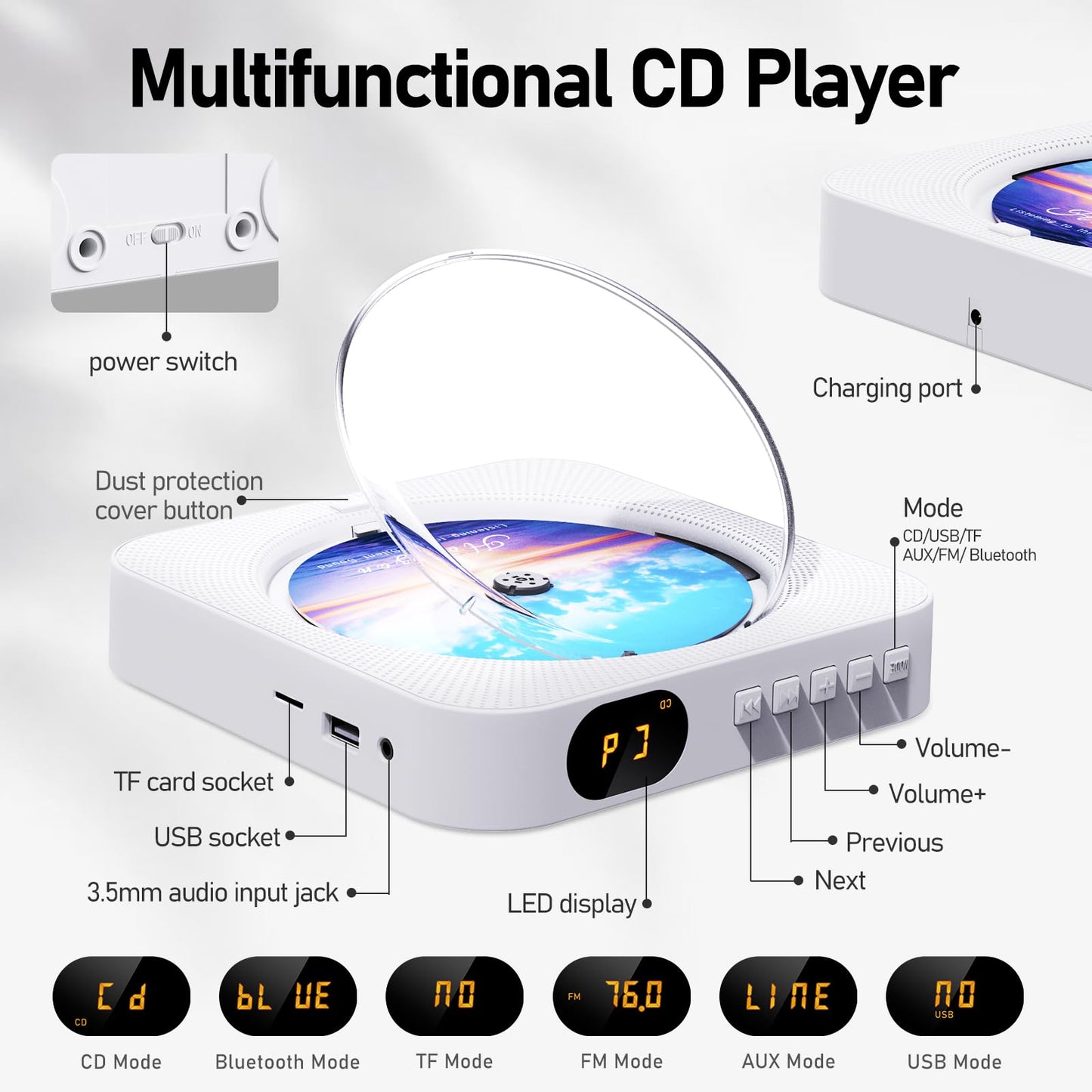 MICOCIOUS Bluetooth Portable Home CD Music Player with Remote Control, Timer, Built-in Speakers and LED Display - FM Radio Boombox (White)