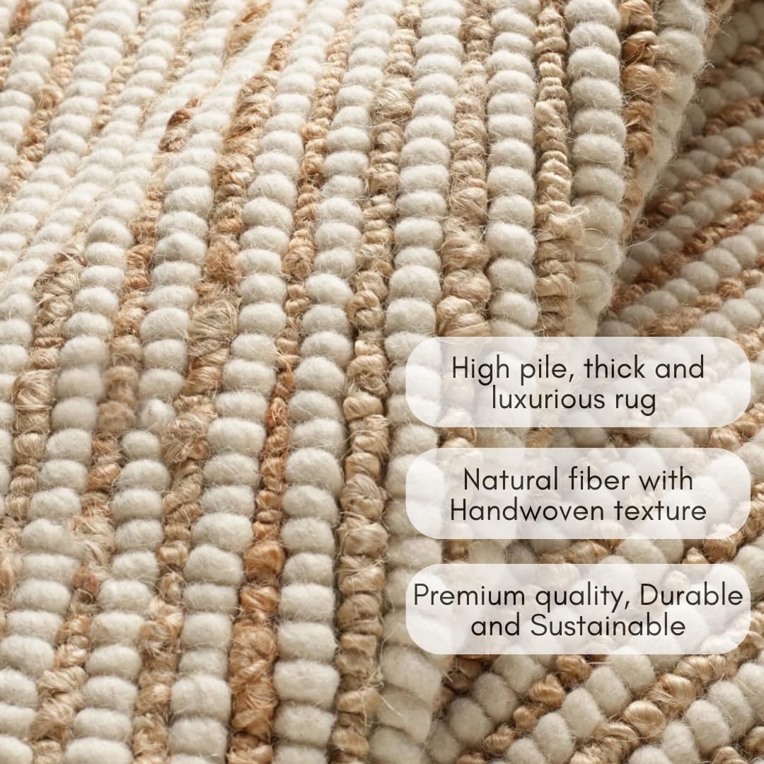 FRELISH DECOR Area Rug 5x8 feet - Premium Wool and Jute Blend Handwoven Rugs - Natural Fiber Chunky Stripe Rugs for Living Room, Bedroom, Hallways, Dining Area: Natural Ivory