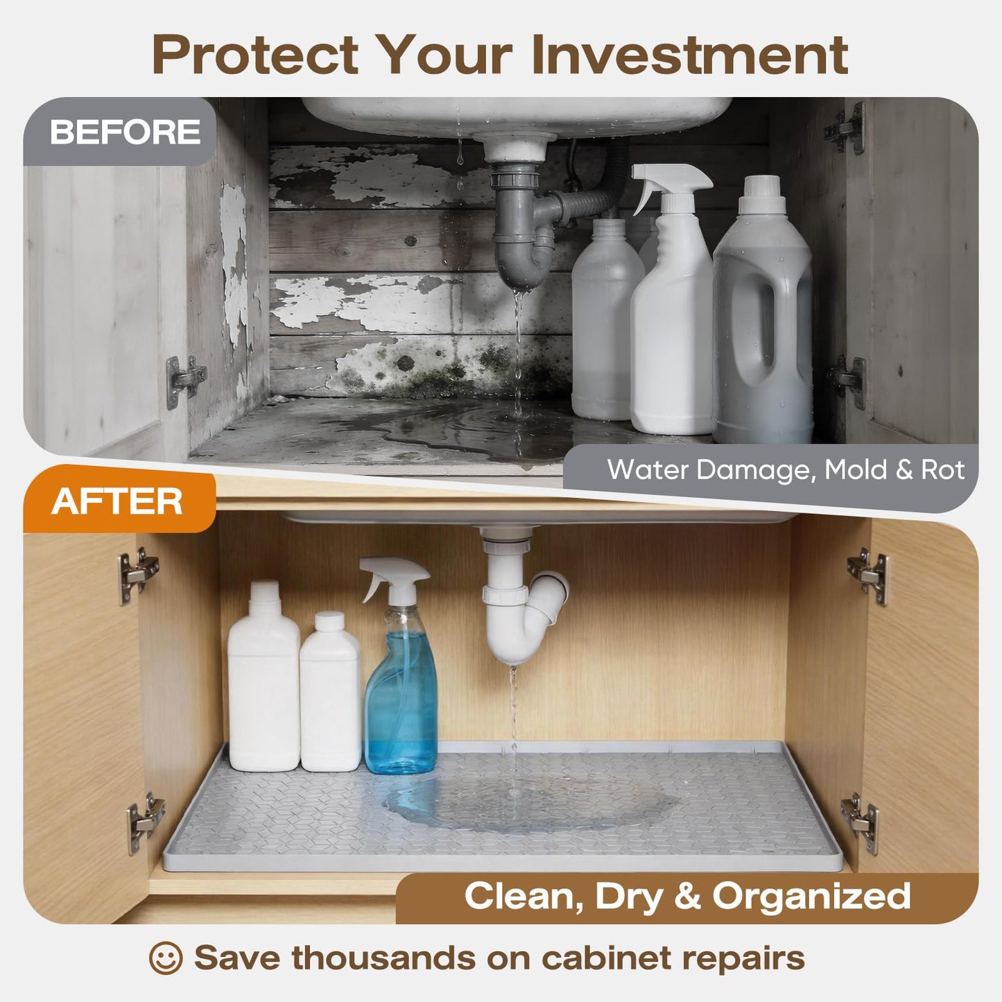 TRZZ Silicone Waterproof Under Sink Mat 34" x 22", Drip Tray and Cabinet Liner for Kitchen and Bathroom, Prevents Water Damage and Organizes Cabinets (Grey)