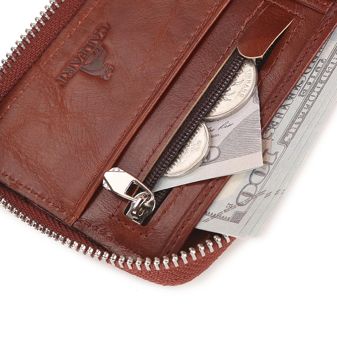 CALFART Slim Zipper Wallets For Men RFID Leather Mens Bifold Creidt Card Holder Zip Around Wallet With Coin Pocket