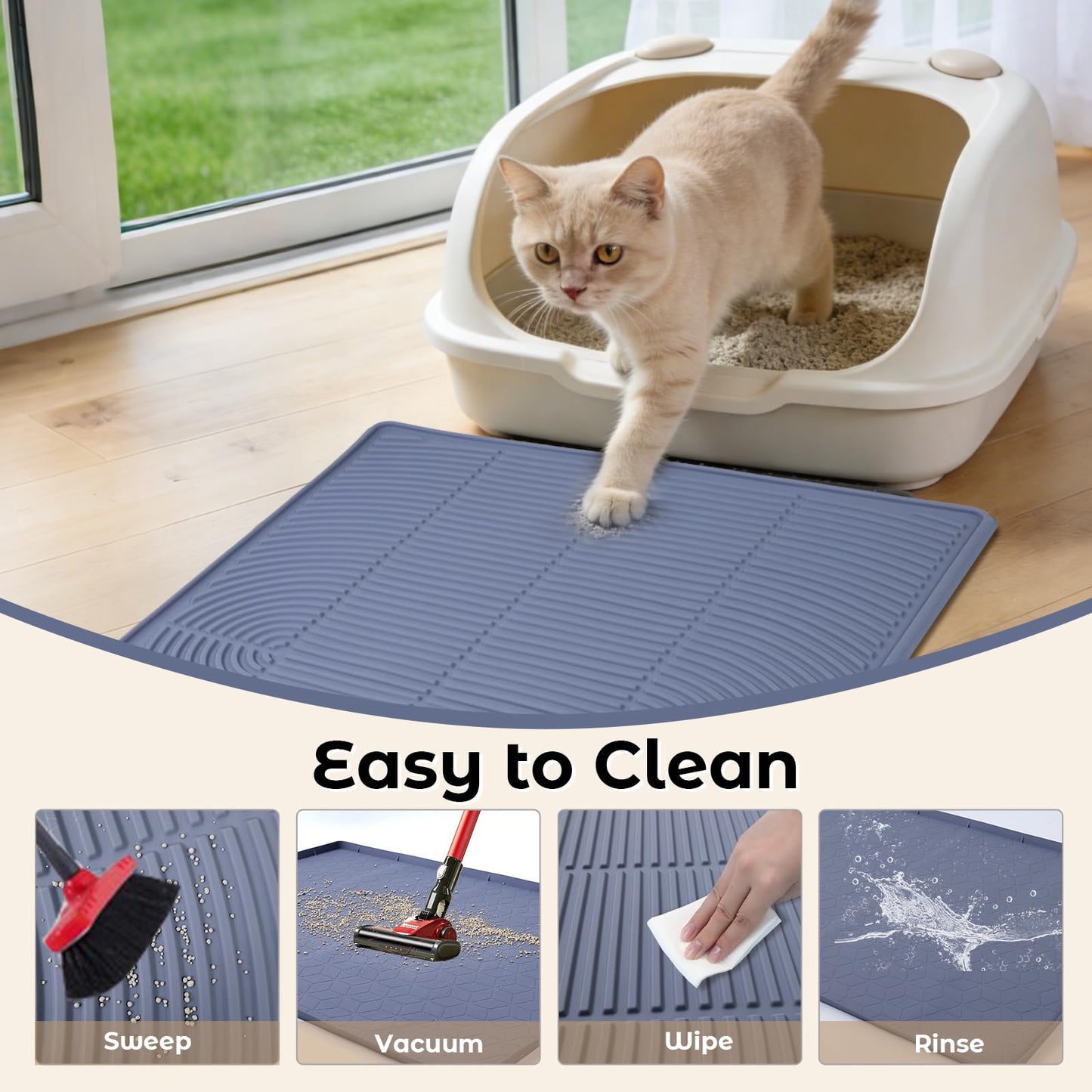 SZTCECDM 31" x 22" Cat Litter Mat, Waterproof & Anti-Skid Litter Box Mat for Scatter Control, Silicone Litter Pads Trapping Mess Around Litter Box with Raised Edges, Easy Clean Pad