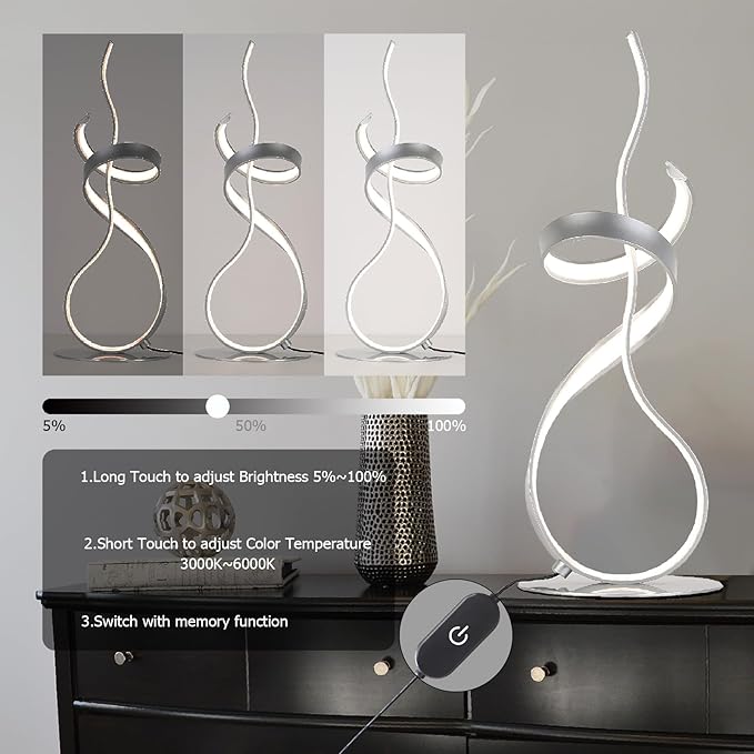 24W Modern 3Color Table Lamp with LED Spiral Design, 22“ Tall Silver Bedside Light & Nightstand Lamp, Touch Dimmable with 3 Colors & Remote Control for Bedroom, Living Room, Home Office (Silver)