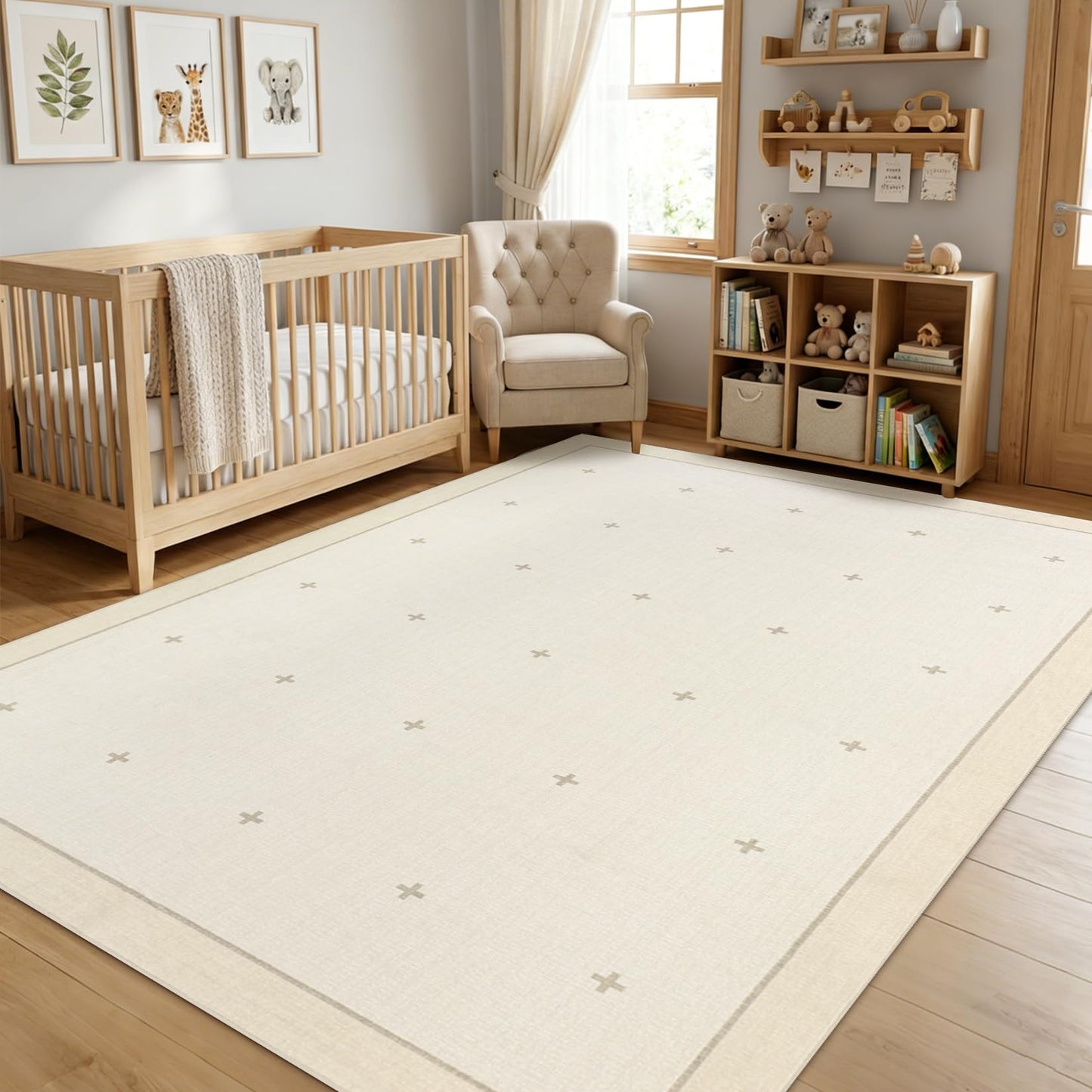 Garvee Washable 9x12 Area Rug for Living Room Beige Rug Non Slip Soft Bedroom Rugs Neutral Cream Low Pile Stain Resistant Carpet for Nursery Dining Room Classroom Playroom, Beige