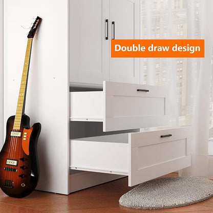 Fenghua Lizhi 3 Doors Wooden Wardrobe Closet Armoire, White Storage Cabinet for Hanging Clothes, Bedroom Large Capacity Freestanding Armoire,Wood Wardrobe Combination with Shelves (2drawer, White)