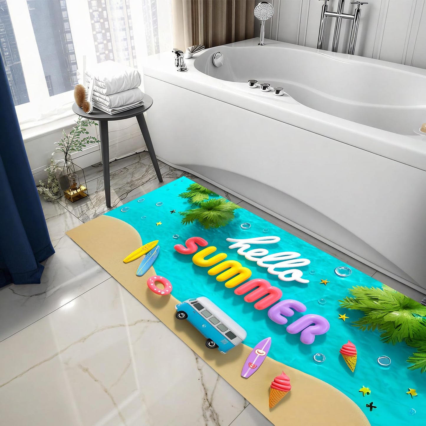 LEIWEIHOPE Hello Summer Summer Runner Rug 20x47 inch Non-Slip Waterproof Laundry Room Rug Kitchen Runner Bathroom Mat with Festive Designs,Outdoor Indoor Entryway Floor Mat Home Decor