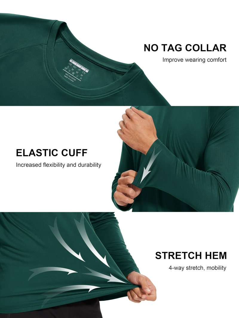 Workout Shirts for Men Set Long Sleeve Summer Shirts Men UPF 50 Quick Dry Shirts Athletic T-Shirt Sun Shirts Hiking Shirts Dark Green